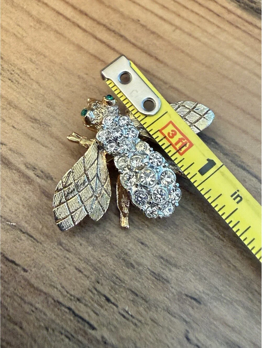 Signed Crystal BEE  BROOCH Pin Clear Rhinestones Green Eyes Gold Tone